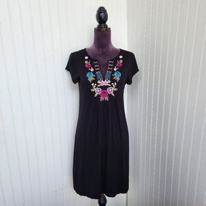 Design History Dress Womens Black Jersey Stretch Knit Floral Embroidered Sz S